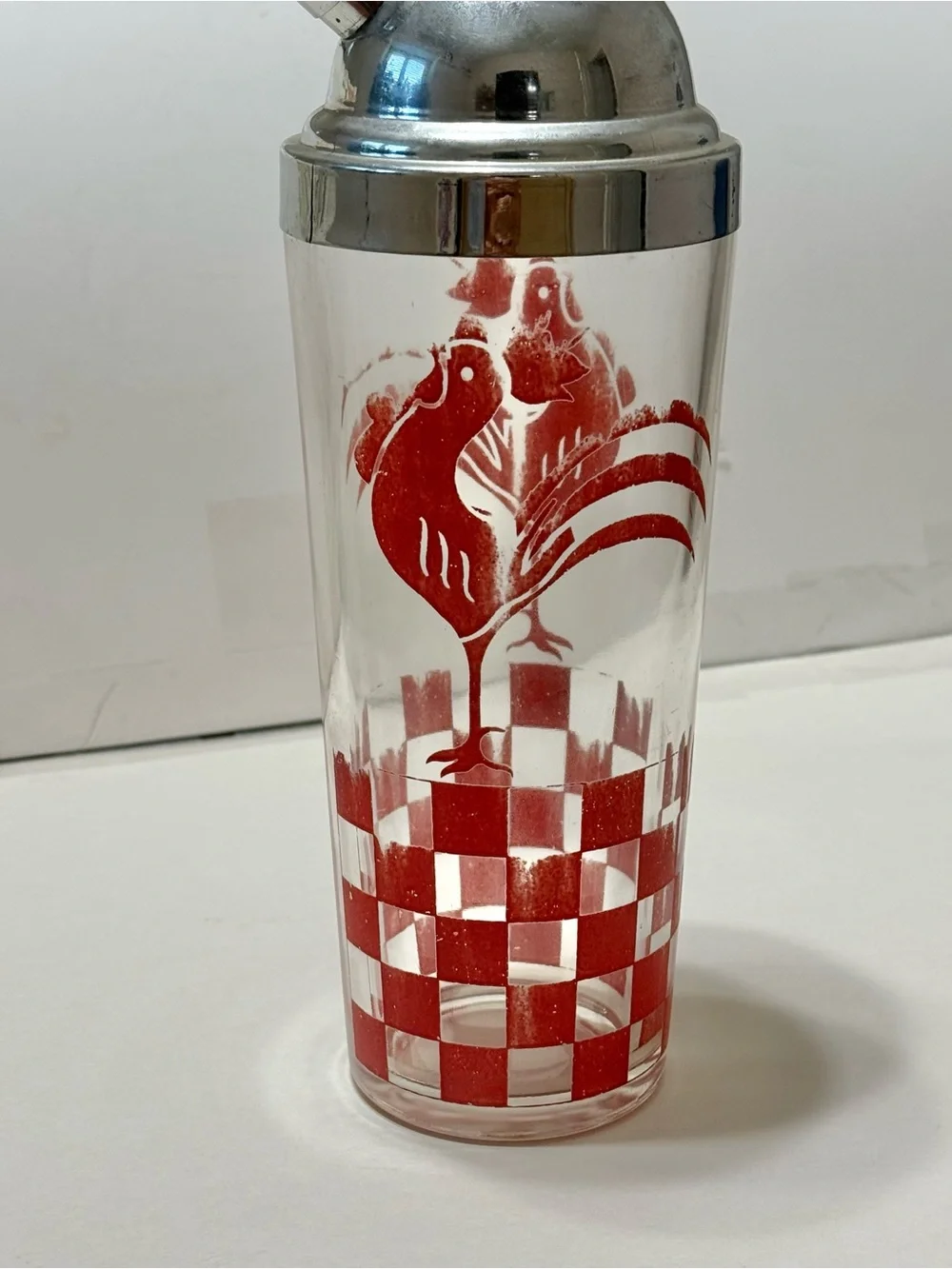 Vintage Drunken Rooster Cocktail Shaker - Red & White Checkered Rooster 10.5” T